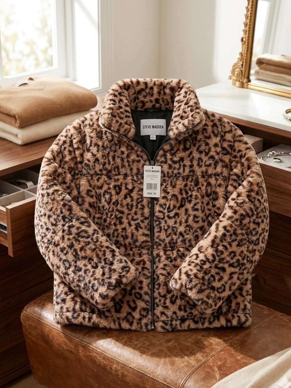 NWT Steve Madden Faux Fur Zip Up Jacket M Eclectic Maximalist Rock Star Era
